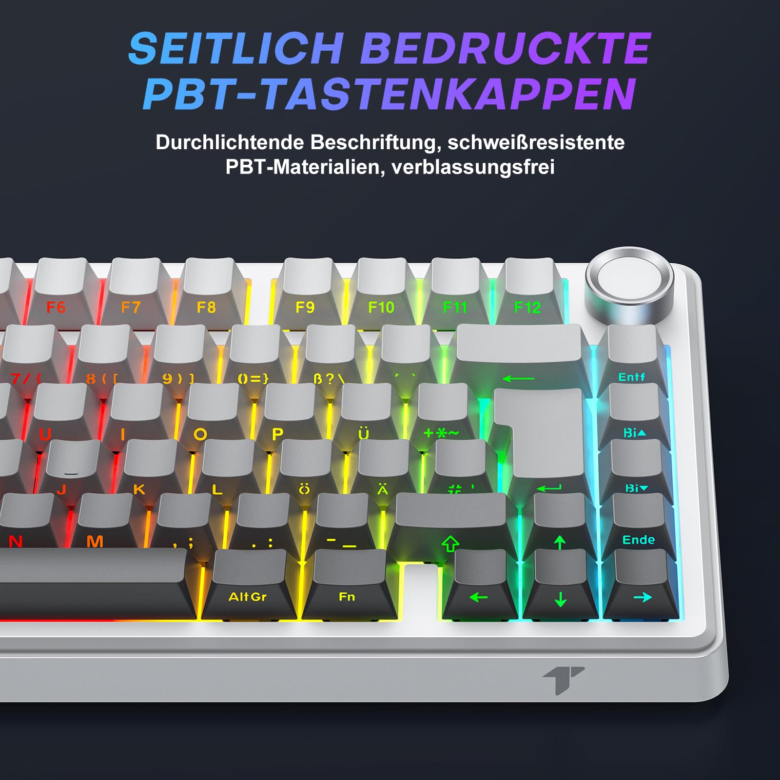 TECURS 75% Gaming Tastatur Kabellos, DREI-Modus 2.4GHz/BT5.0/Type-C RGB Rote Schalter Mechanische Tastatur, Hot Swap, Seitliche Gravur PBT-Tastenkappen mit Drehknopf, QWERTZ (Gradient Grau) 8