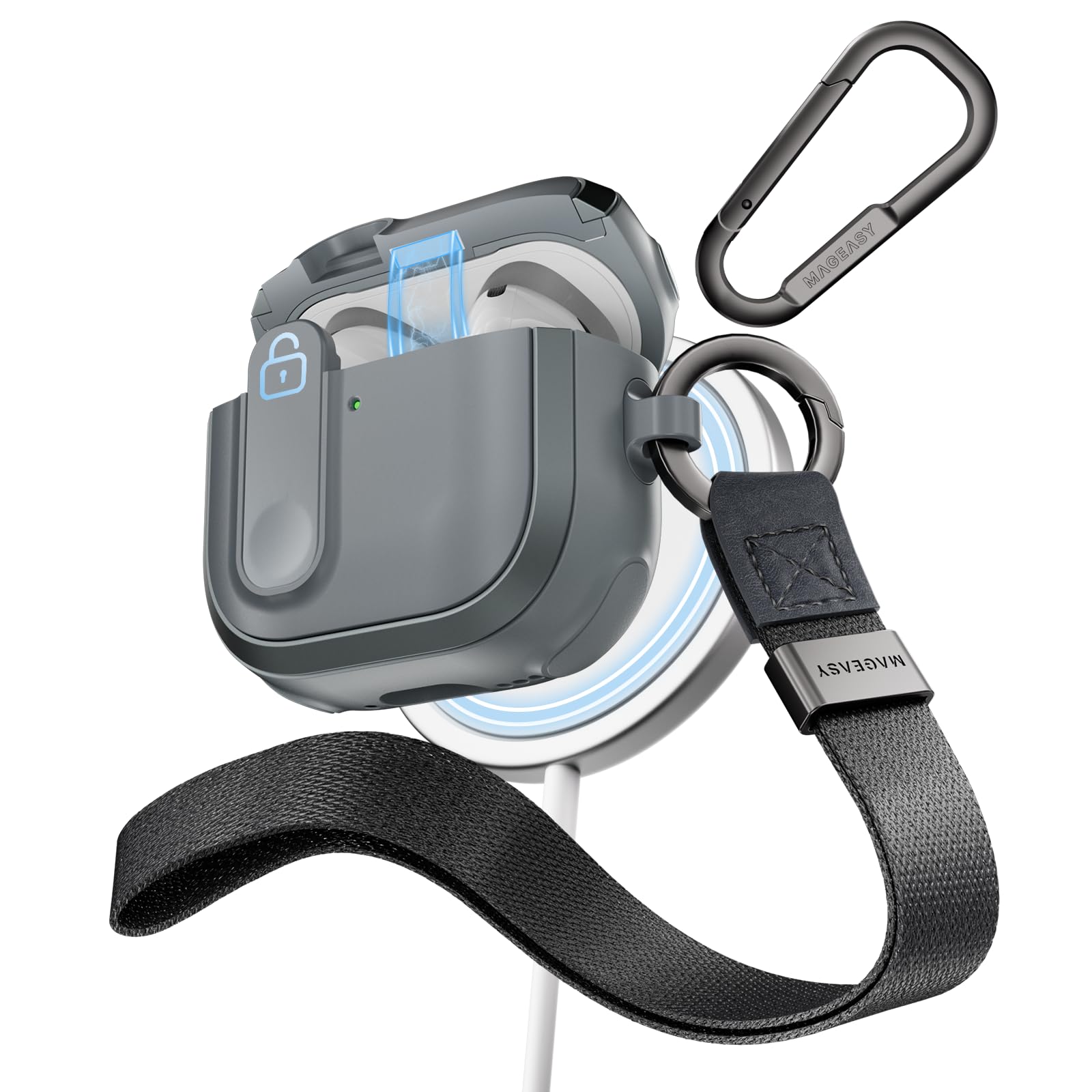 Photo 1 of MAGEASY Design for AirPods 4 Case Cover - Rugged AirPods 4 Case with Lock | Work with Cable& Wireless Charging (Only ANC Charge Wirelessly) | Include Carabiner & Wrist Strap - Odyssey, Metal Blue Gray