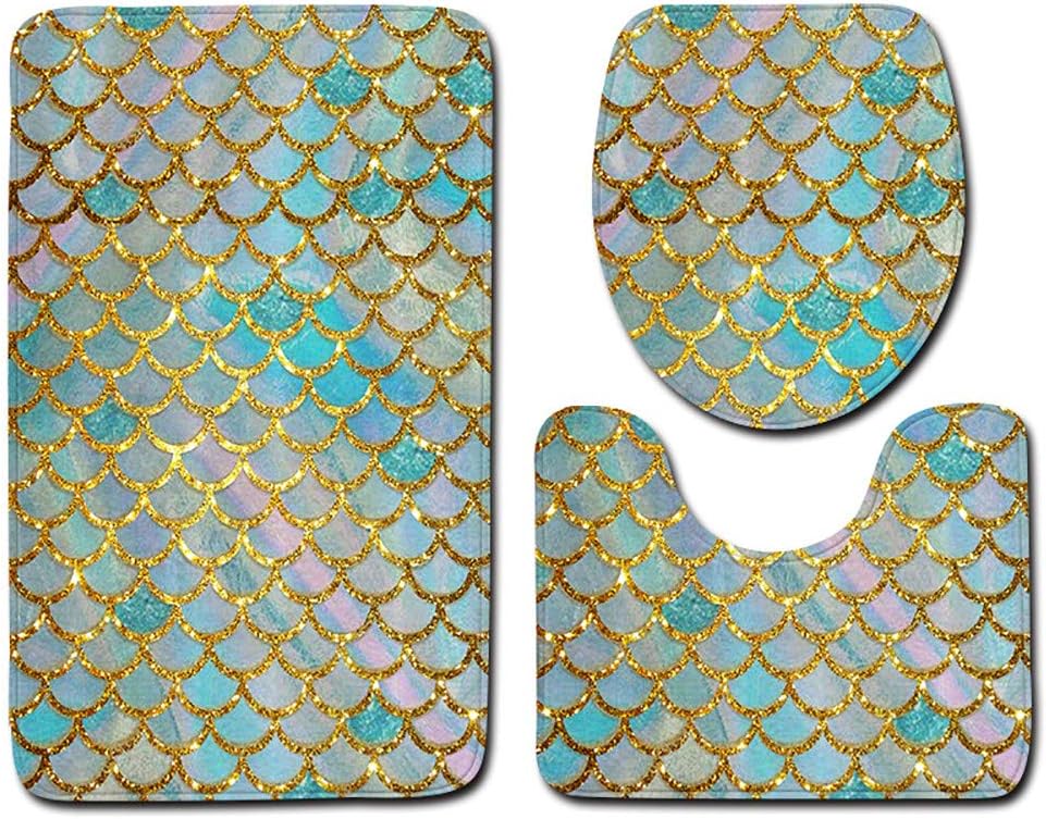 Kingko ® 3PCS Creative Non-slip Mermaid Color Fish Scale Bathroom Carpet Toilet Cover Anti-slip Mat Set Non-slip Cartoon Foot Pad Absorbent Non-slip Carpet (F)