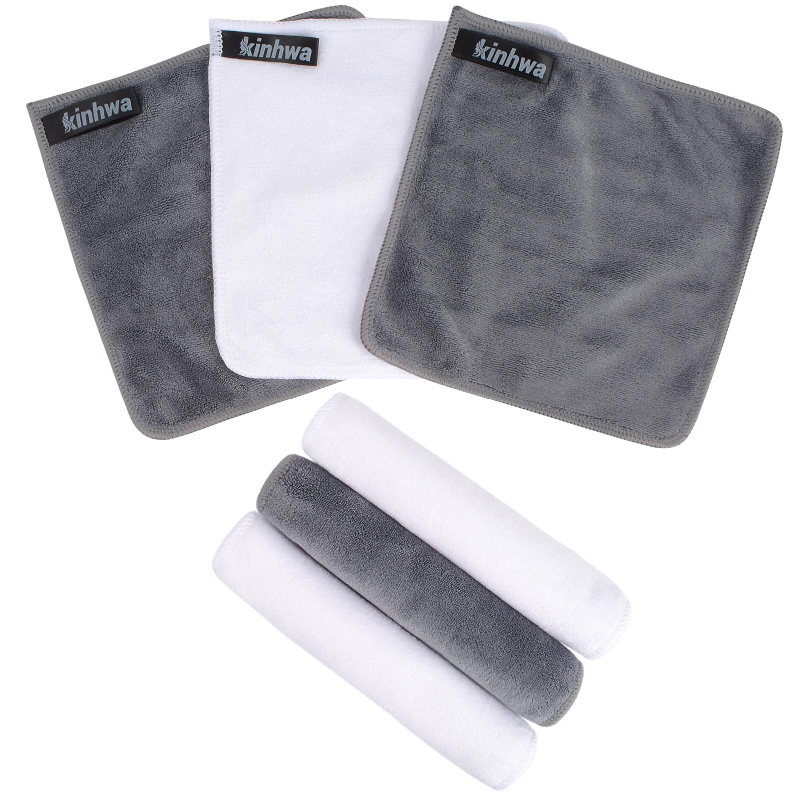 inHwa 6 Pack Microfibre Flannel Face Cloth Quick Dry Baby Wash Cloth Soft Makeup Remover Cloths for Skin Face Care Cleansing 20x20cm Grey + White — image 1