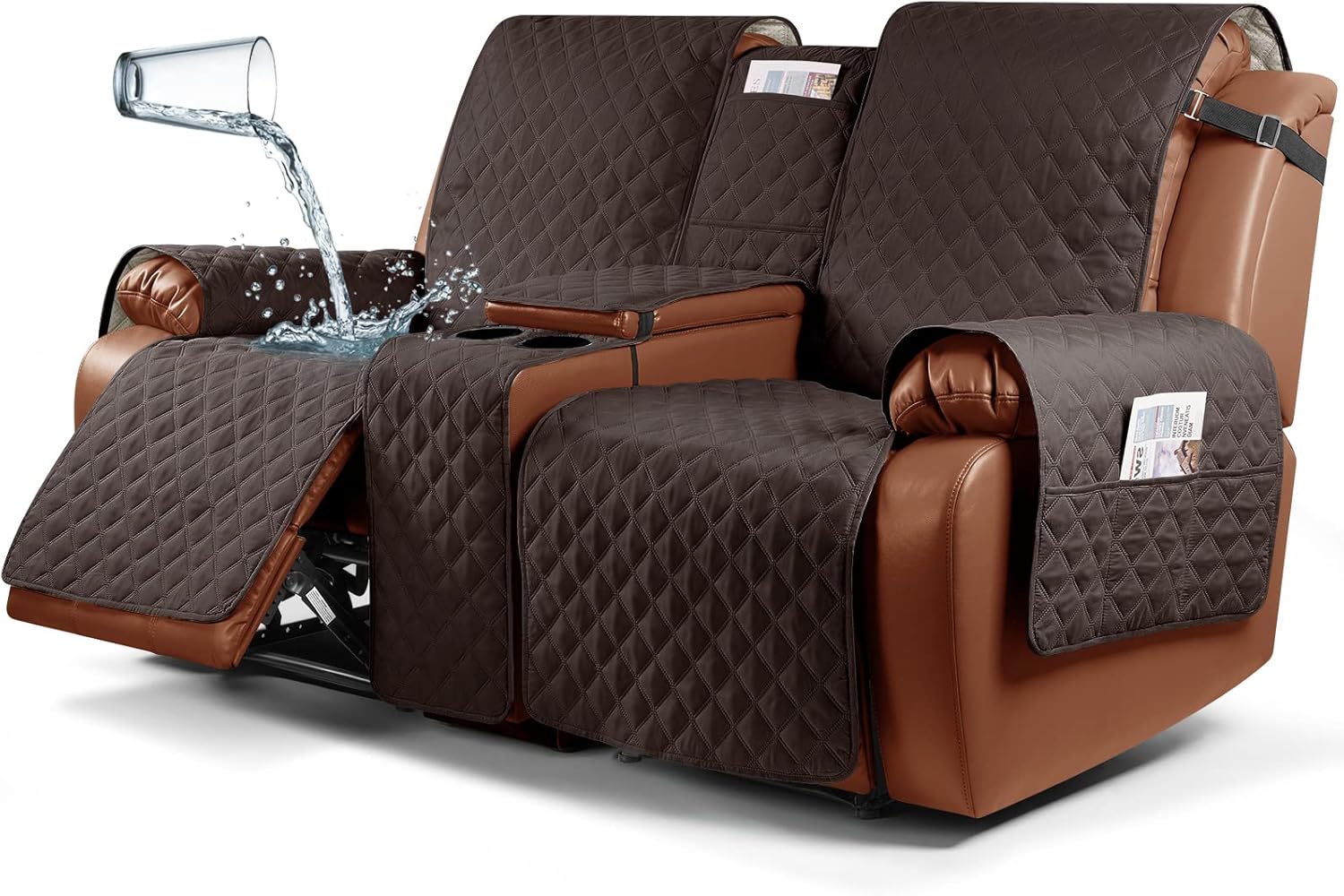 Slipcovers - Ruaozz Waterproof Recliner Loveseat Cover with Console, Non-Slip Couch Cover for Double Split Sofa Cover with Elastic Straps for Kids, Dogs, Pets (Chocolate, 2 Seater)