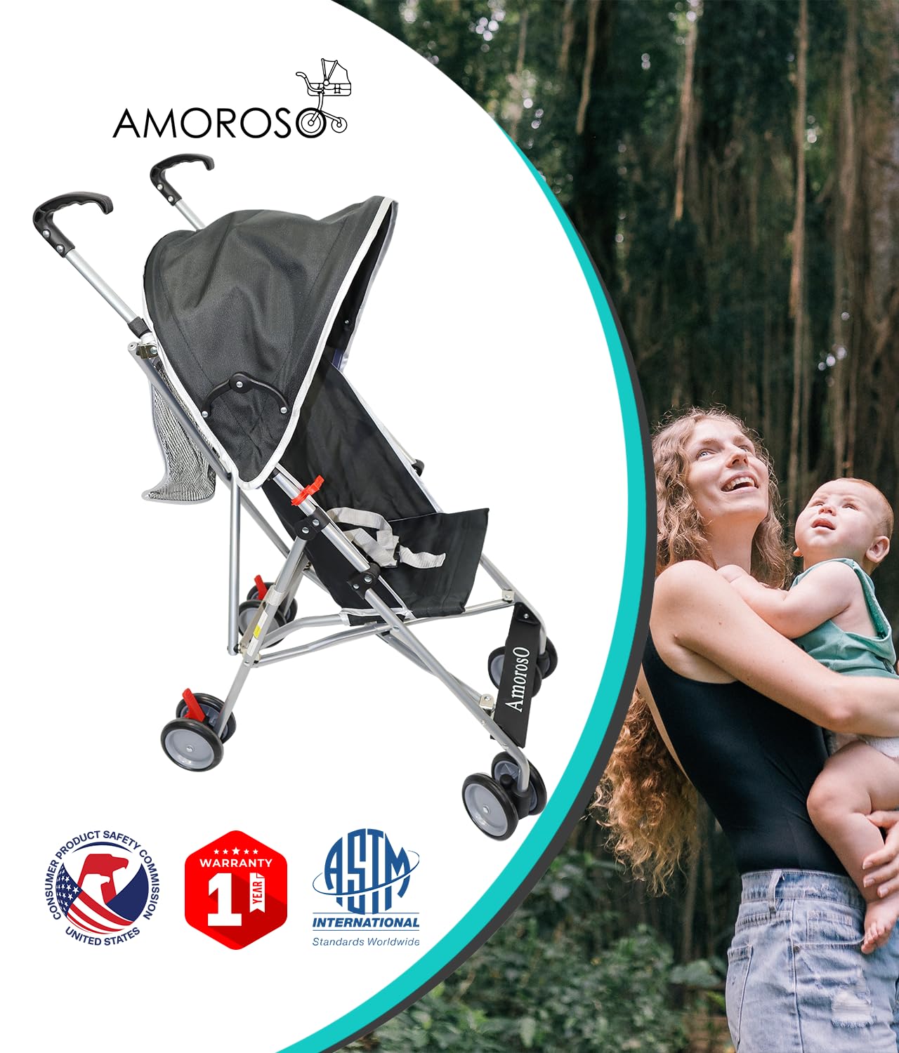 AmorosO Single Umbrella Stroller | Lightweight, Travel-Ready Stroller with EVA Wheels & Sun Protection | Black/White