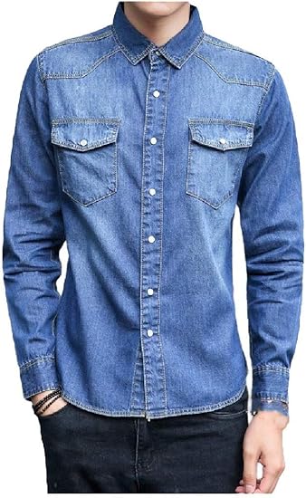 Amazon Nicellyer メンズ ビッグ トール フィット ボタン ダウン シャツ デニム ロングスリーブ ワーク シャツ シャツ 通販