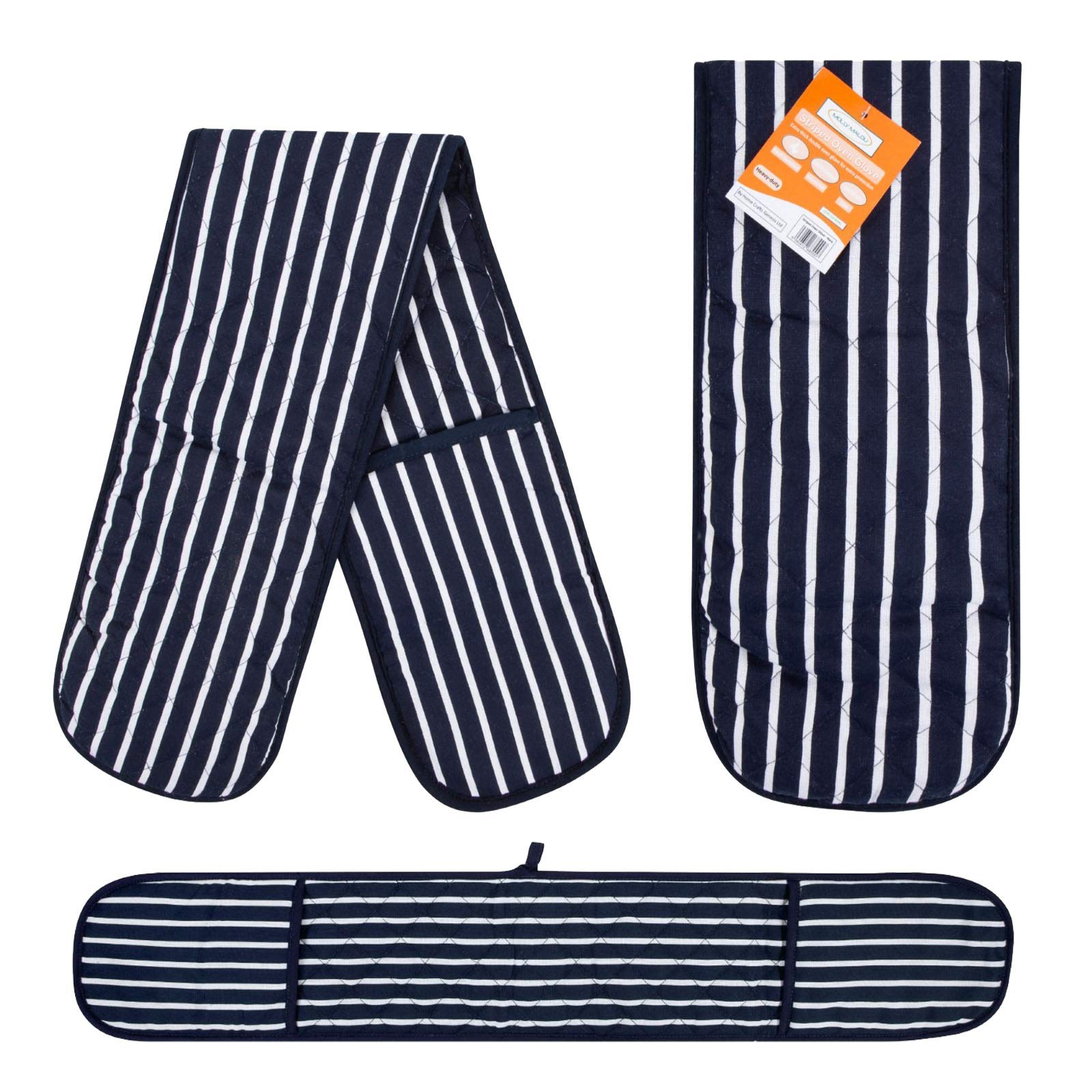 RASH Accessories Double Oven Gloves Butcher Quilted Stripe Pot Holder Heat Resistant Mitt 100% Cotton (Navy)