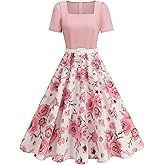50s Style Dresses for Women Vintage Short Puff Sleeve Square Neck Swing Dress Cocktail Prom Dress with Belt
