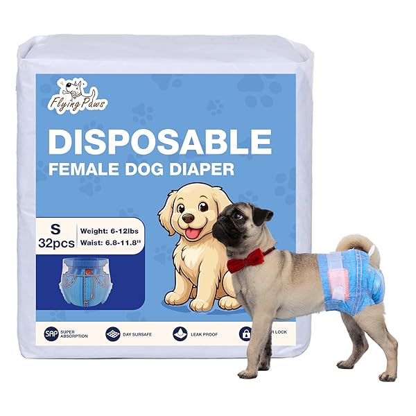 FLYING PAWS DOG DIAPERS FEMALE, DISPOSABLE DOG DIAPERS SMALL JEANS PATTERN DOGGIE PUPPY DIAPERS FEMALE CATS, SMALL, 32COUNT