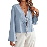 Chvity Tie Front Tops for Women Y2K Linen Shirts Flare Sleeve V Neck Going Out Coquette Clothes Casual Lace Up Bow Blouses