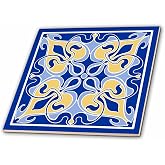 3dRose Victorian Art Nouveau Design Blue Yellow Mug 12 Inch Ceramic Tile