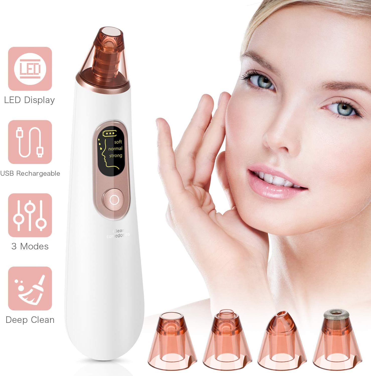 Sendowtek Blackhead Remover Vacuum Suction, Rechargeable Facial Pore Cleaner with 4 Replaceable Heads, 3 Suction Modes, LED Display, Electric Suction Facial Comedone Acne Extractor Tool for Women Men