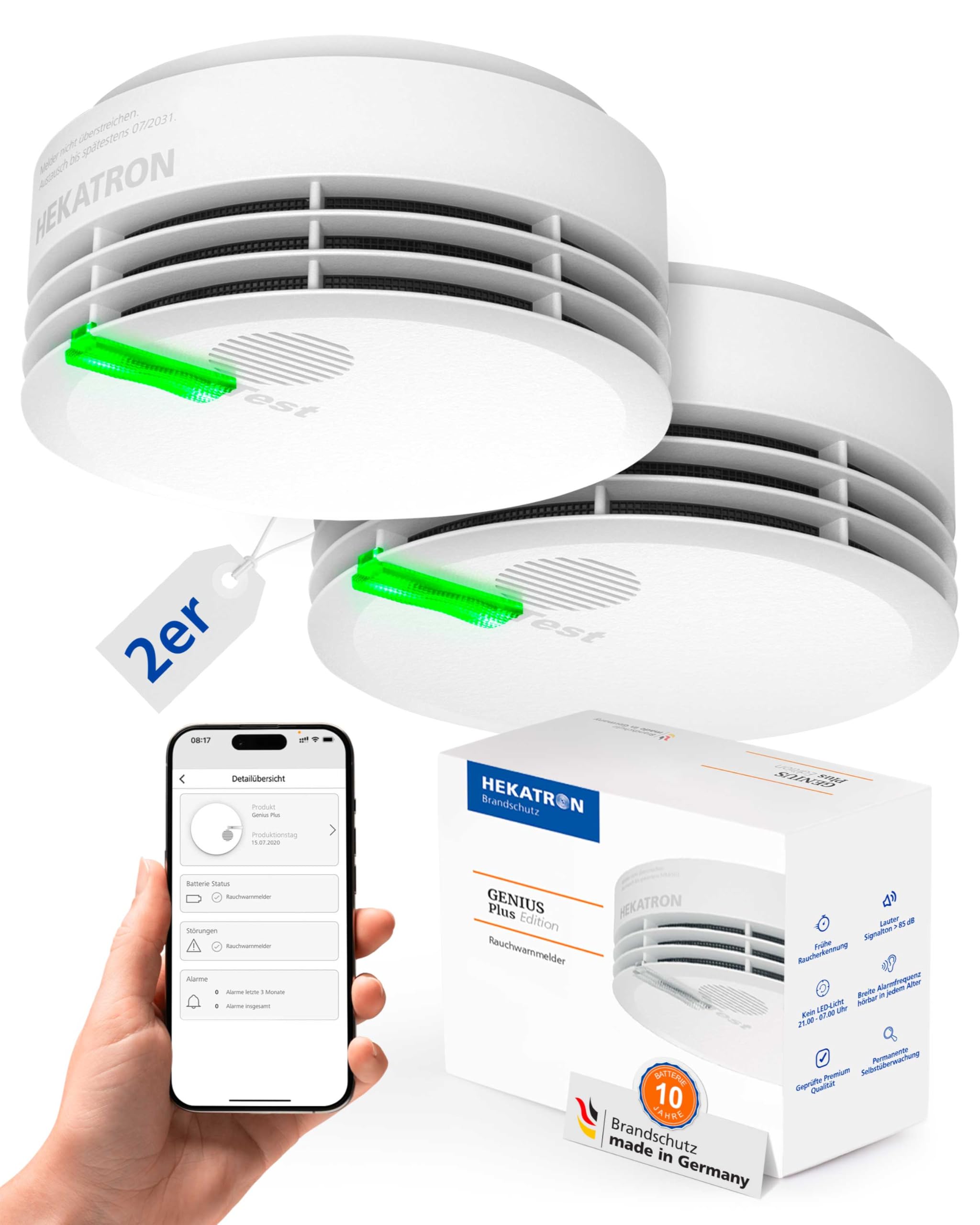 Hekatron Genius Plus Edition 2021 Smoke Alarm with Batteries and Adhesive Pads Included, Set of 2, in White