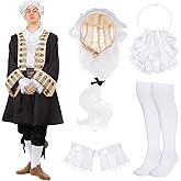 Funtery Halloween Colonial Costume Founding Father Historical Judge Cosplay Accessories White Powdered Wig jabot Collar Colonial Socks for Men Adult