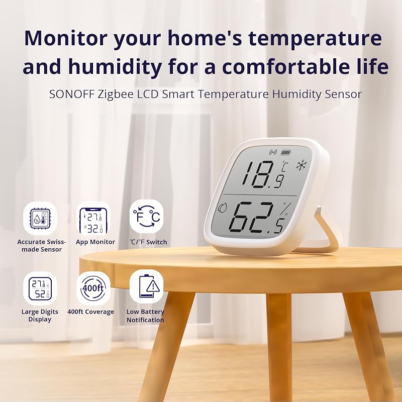 SNZB-02D Mini Capteur ZigBee de Température et d'humidité, Thermomètre Hygrometre Intérieur, Affichage sur écran LCD, Compatible avec Alexa/Google Home, 2 Pack
