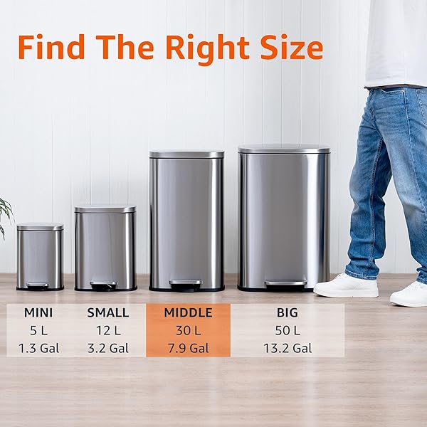 AMAZON BASICS SMUDGE RESISTANT RECTANGULAR TRASH CAN WITH SOFT-CLOSE LID, FOOT PEDAL, REMOVABLE INNER BUCKET, 30 LITER/7.9 GALLON, BRUSHED STAINLESS STEEL, SATIN NICKEL FINISH, 13.8″L X 11.8″W X 25″H