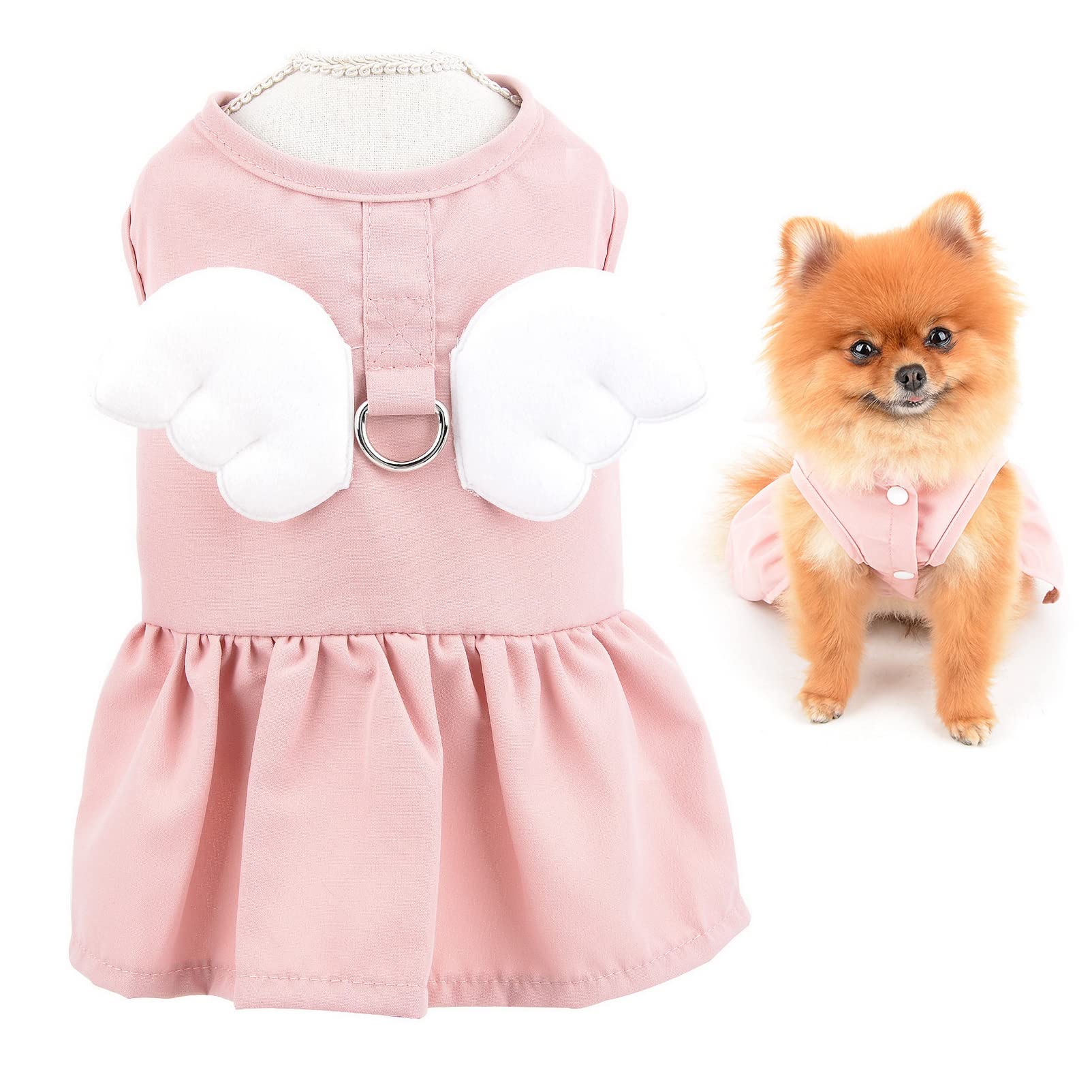SMALLLEE_LUCKY_STORE Angel Wing Girls Dog Harness Dress and Leash Set Cat Sundress with D-ring Puppy Skirt Spring Summer Clothes for Small Pets Yorkie Chihuahua Pink,XL
