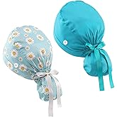 Hautton Ponytail Scrub Caps Women, 2 Pcs Surgical Nurse Hats with Buttons and Sweatband
