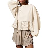 calbatic Women Oversized Peplum Sweatshirt Long Sleeve Crewneck Babydoll Top Casual Ruffle Lace Patchwork Fall Pullover