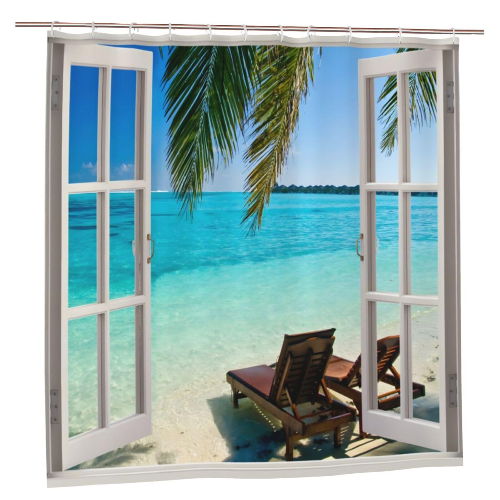 Outdoor Garden Shower Curtain, Summer Beach Palm Tree Ocean Seascape Through White Wooden Windows Tropical Island Blue Green Bath Curtain, Waterproof Bathroom Decor with Hooks, 180X180cm/ 71X71 in — image 1