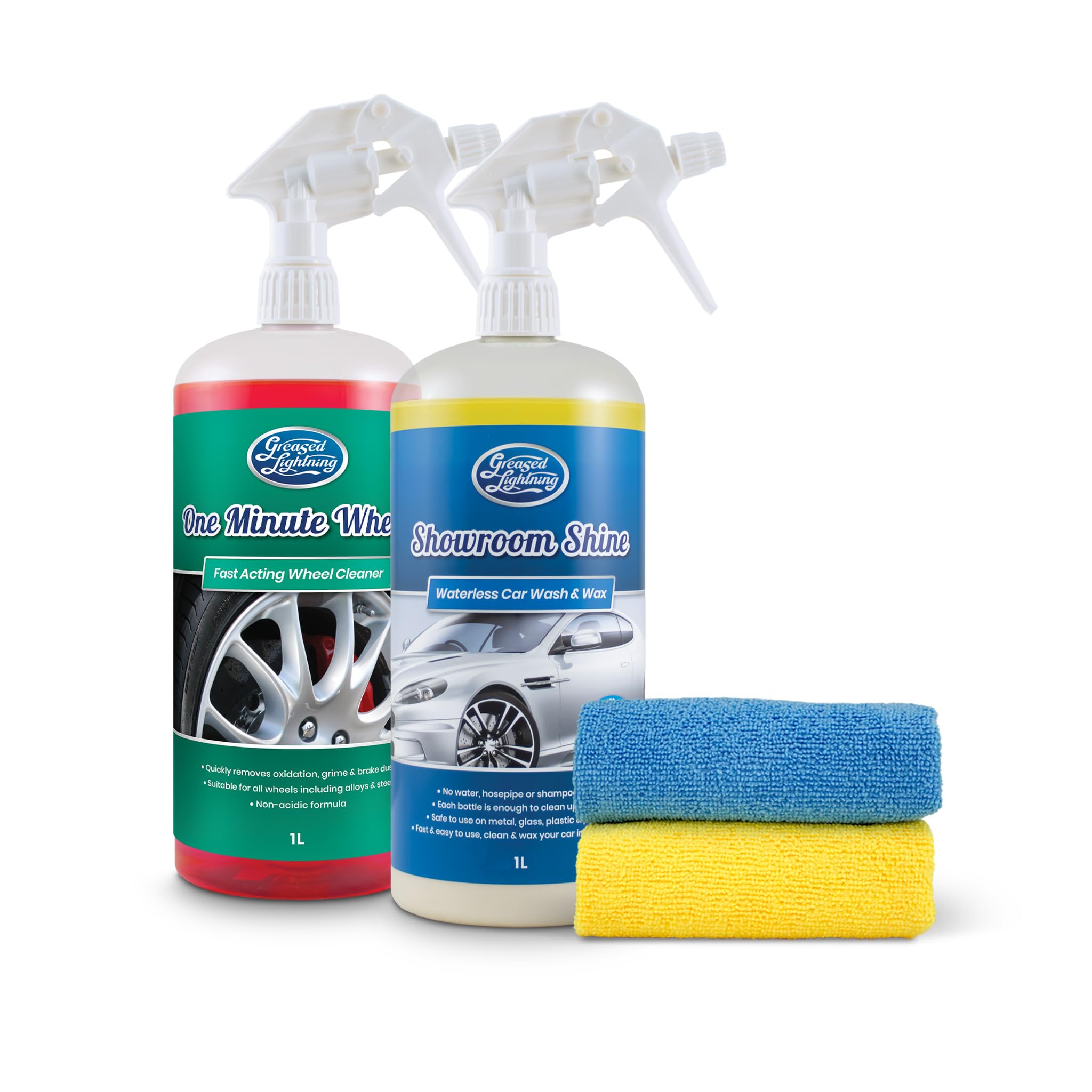 Greased Lightning Bodywork & Wheels Twin Pack - Showroom Shine 1L Waterless Wash and Wax & One minute Wheels 1L Wheel Cleaner Plus 2 Microfibre Cloths Pack