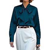 CBOO Women's Bow Tie Neck Button Down Shirts Silk Blouses Long Sleeve Elegant Satin Blouse Casual Dressy Business Tops