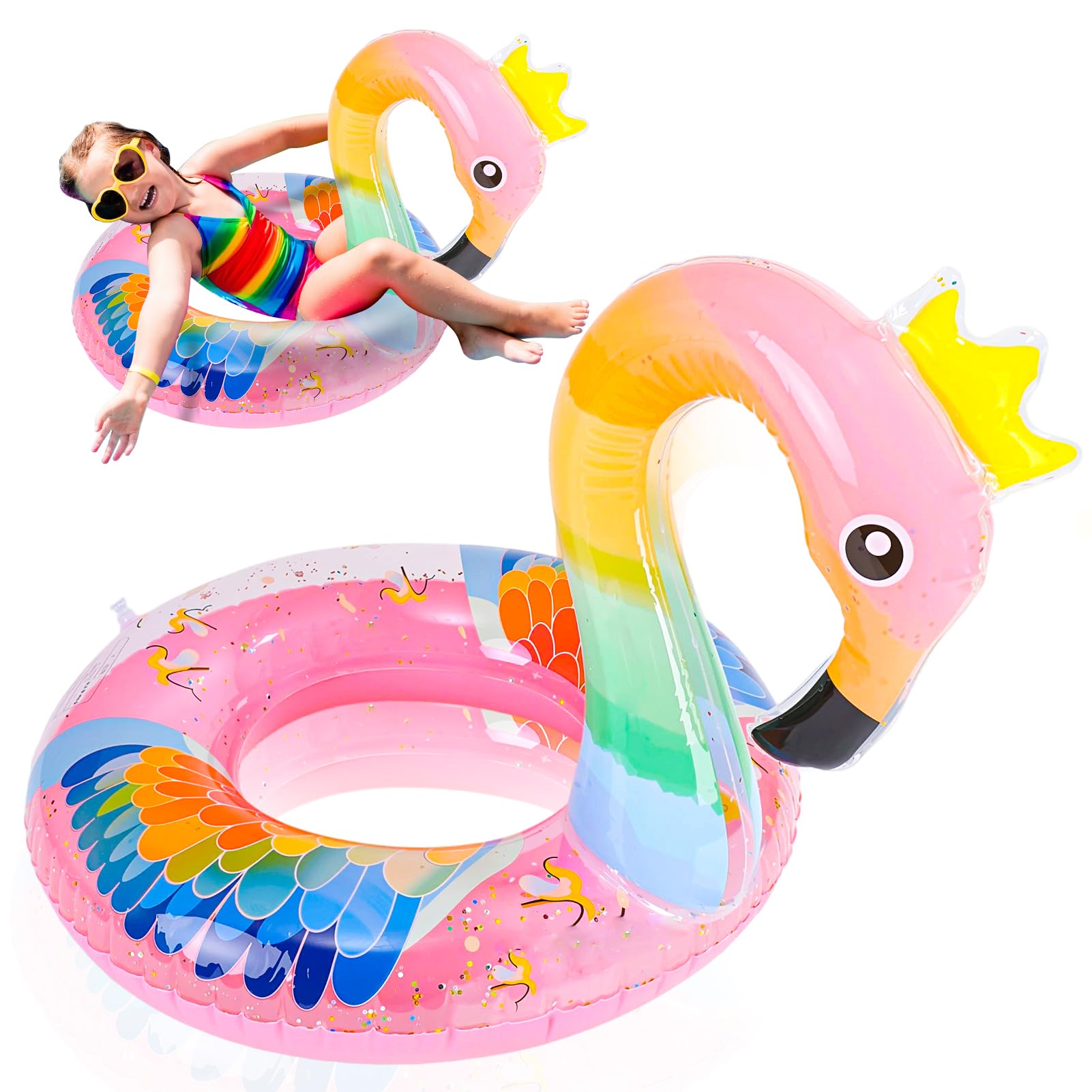Flamingos Inflatable Pool Floats for Kids, PVC Pool Float Inflatable Rings with Glitter Swimming Pools Float Toy Swimming Ring for Summer Pools Water Party, Pink (5-9 Years Old)