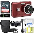 Kodak PIXPRO FZ45 16MP Digital Camera 4X Optical Zoom 27mm Wide Angle 1080P Full HD Video 2.7" LCD Camera (Red) + 64GB Card and Reader + Case + Memory Wallet + Tripod + Cleaning Bundle
