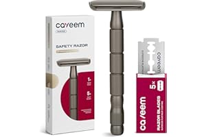 CAVEEM Double-Edge Safety Razor, Single-Blade Razors with 5 Stainless Steel Razor Blades for Men and Women, Reusable Metal Razor – Champagne Matt