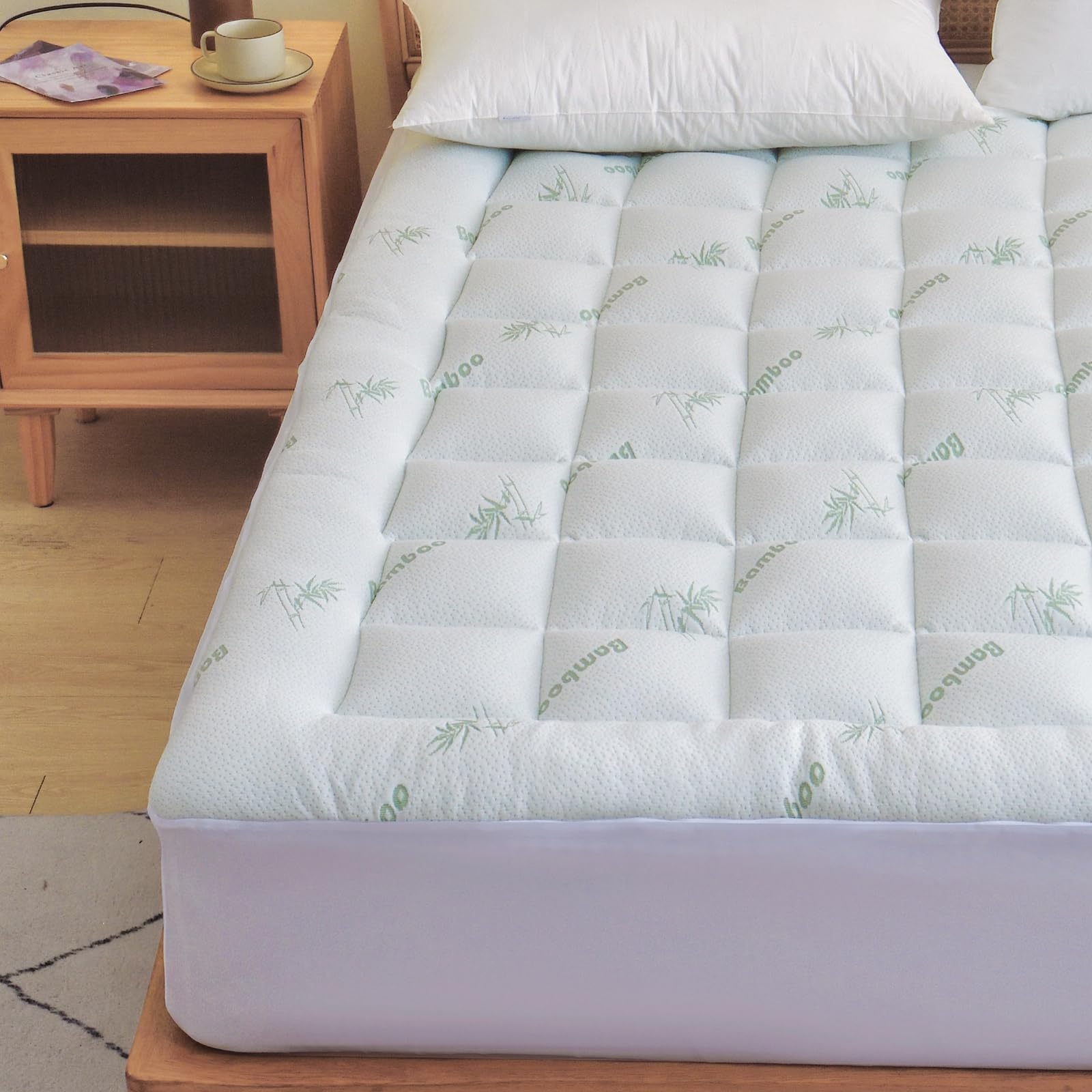 oaskys Mattress Topper King Size - Cooling Extra Thick Breathable Viscose Made from Bamboo Mattress pad - Soft Quilted Fitted Mattress Cover with Down Alternative Fill (8-21”Deep Pocket)