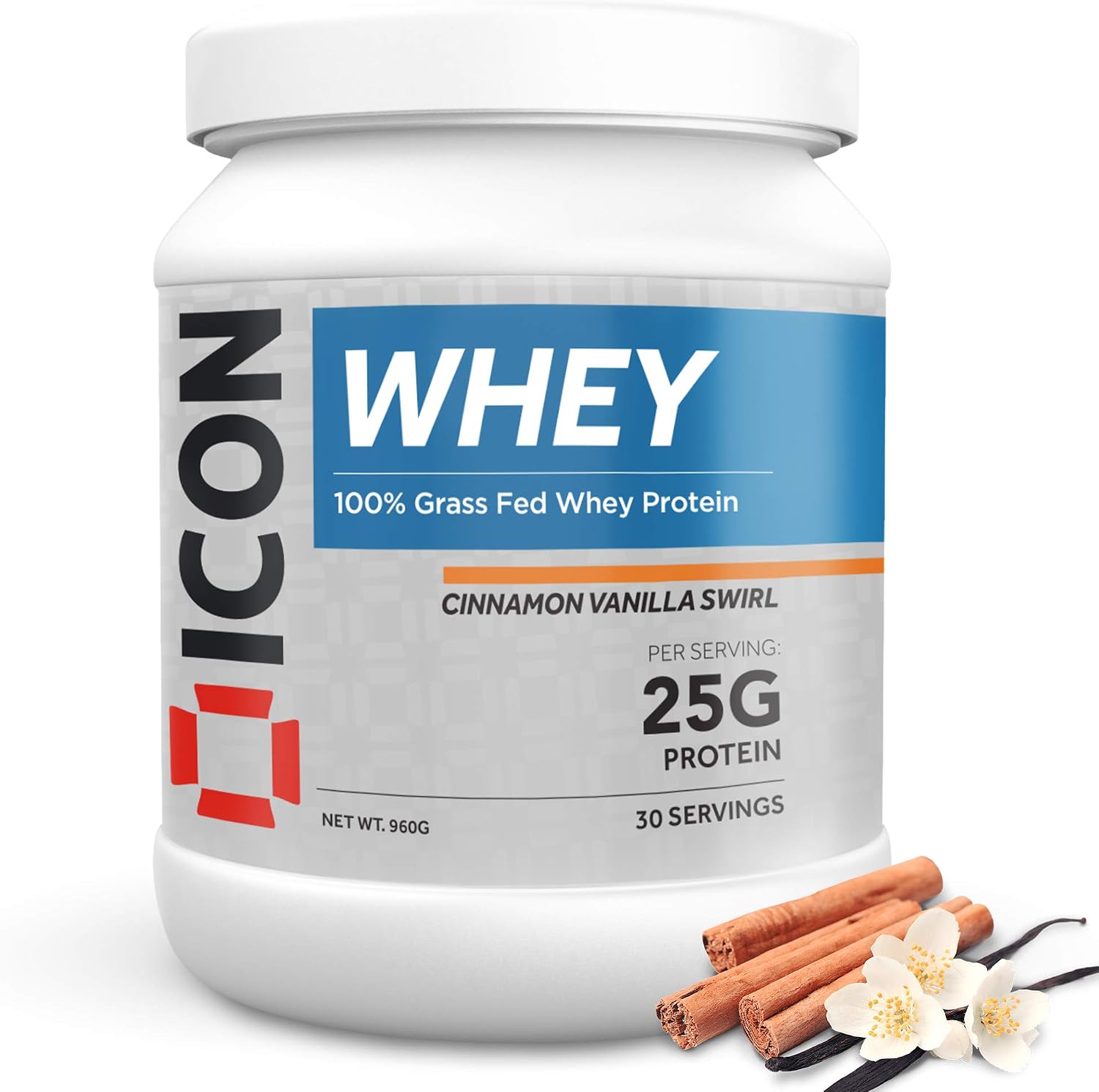 ICON Nutrition Whey Protein Powder, Cinnamon Vanilla Swirl, High Protein, Grass Fed, Low Carbs & Fat