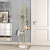 DOORXIFO Metal Gold Coat Racks Freestanding, Coat Hanger Stand, Hall Tree Rack for Hanging Hats, Scarves, Bags, Modern Coat Rack with Double Shelves, Corner Coat Rack, 9 Hooks, Gold