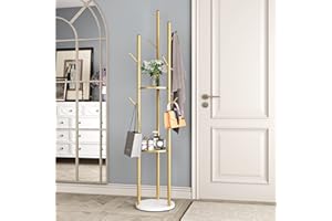 DOORXIFO Metal Gold Coat Rack Freestanding With Double Shelves - Hall Tree for Hanging Hats, Scarves, Bags - Modern Corner St
