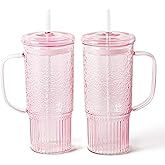 GOSCHE Glass Cups with Lids and Straws, 24oz Glass Tumbler with Straw and Lid, Iced Coffee Cups with Handle for Smoothie Juice Water Tea, Pink, 2 Pack
