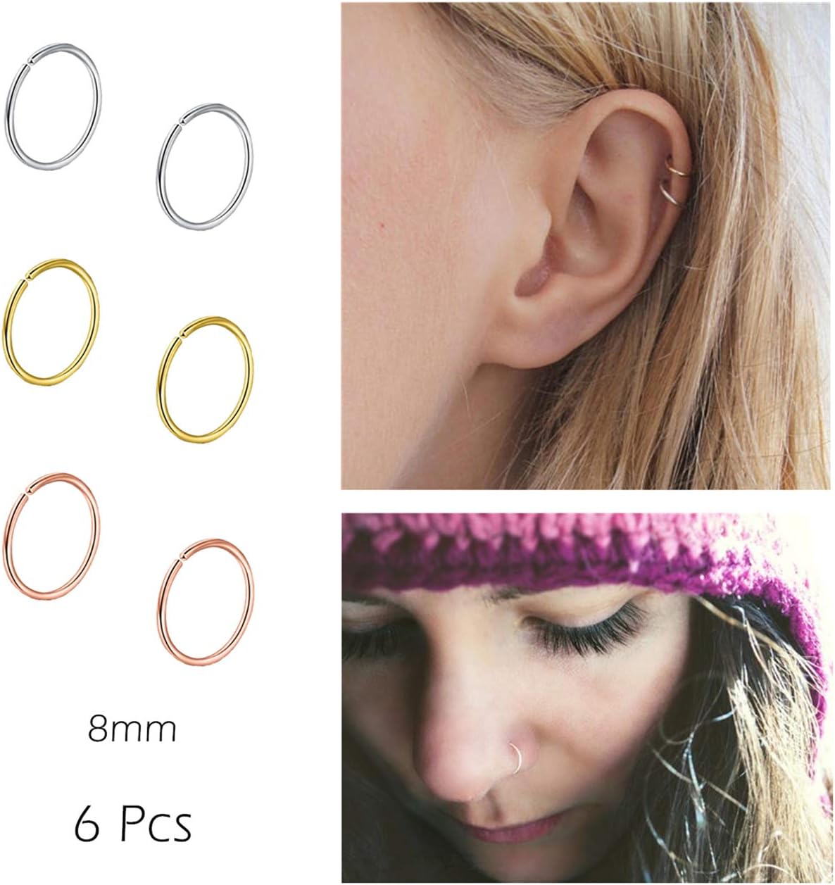 Nose Rings Hoop Fakes Nose Ring 20g 316l Surgical Steel Non Pierced Cartilage Earring Faux Piercing Lip Septum Body Jewelry for Women Men Girls 8mm