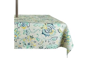 ColorBird Patio Table Cloth with Umbrella Hole, Square Tablecloth 60 inch Waterproof Table Cover with Zipper Blue Bosemia Flower Table Cloth for Patio Garden Tabletop Decor