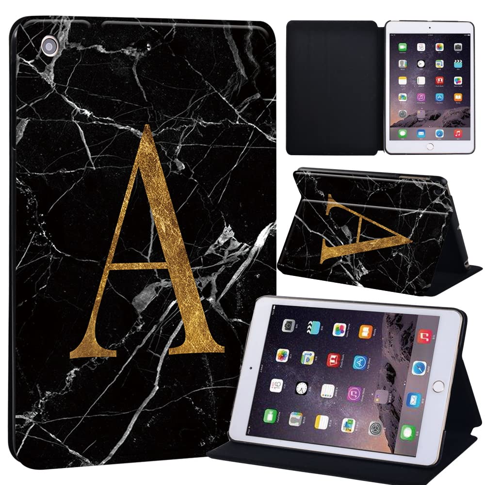 initial letter Printed Case for iPad Mini 1/2/3, Lightweight Trifold Stand Case with Auto Sleep/Wake, Microfiber Lining, Hard Back Cover for iPad Mini 1/Mini 2/Mini 3 (letter A on black marble)