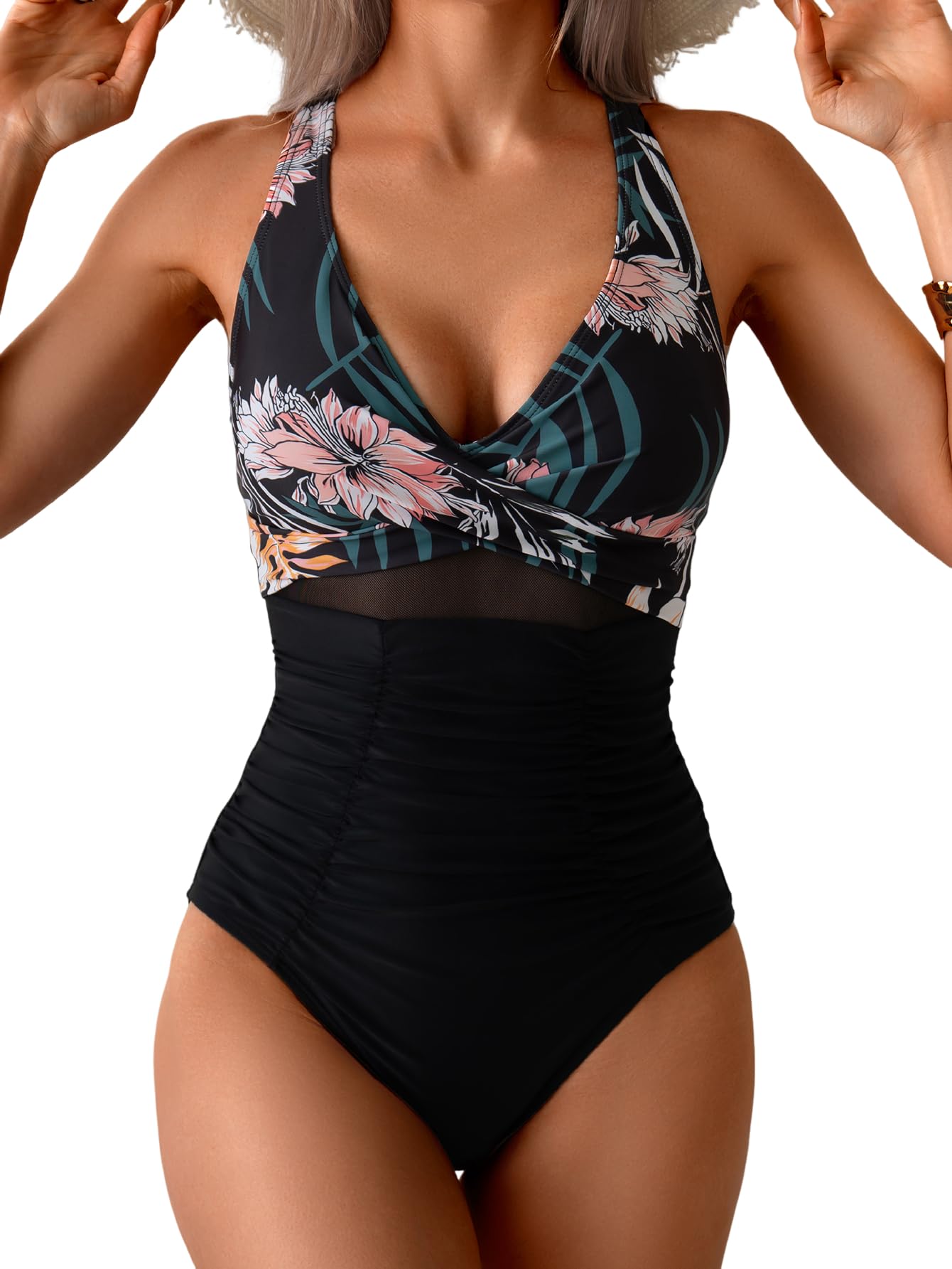 Photo 1 of L   Eomenie One Piece Swimsuit for Women Tummy Control Mesh High Waisted Bathing Suit Wrap Tie Back Swimwear Black Floral