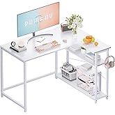 Pamray 43 Inch L Shaped Computer Desk with Reversible Side Storage Shelves, Small Corner Desk for Small Space Home Office,Writing Study Table PC Desk for Bedroom,White