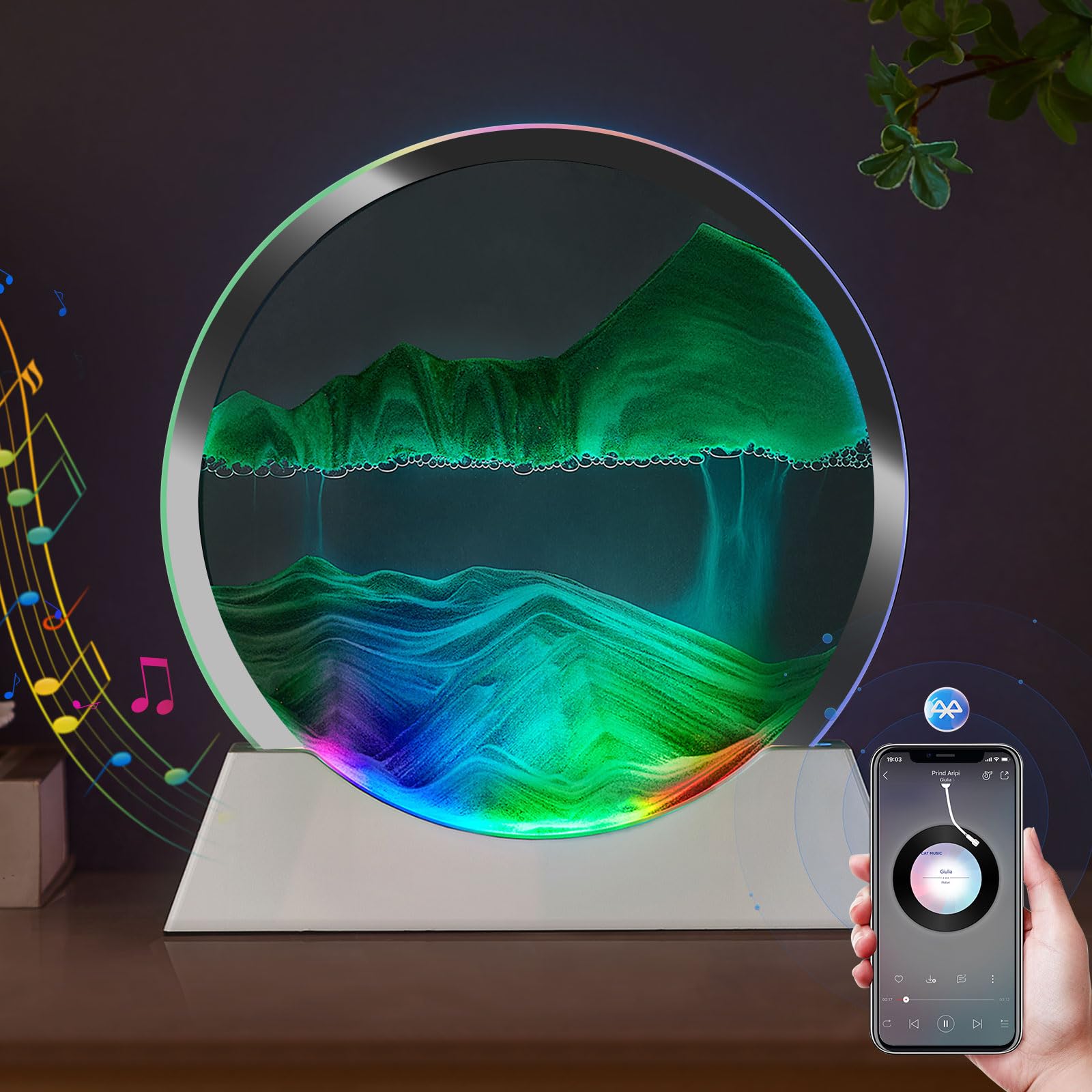 OLYWEI Moving Sand Art Bluetooth Speaker Bedside Lamp Dimmable Multi-Color Changing Bedside Lamp, Sand Art Lamp for Home Decor/Relaxation/Party/Music/Gift-Green