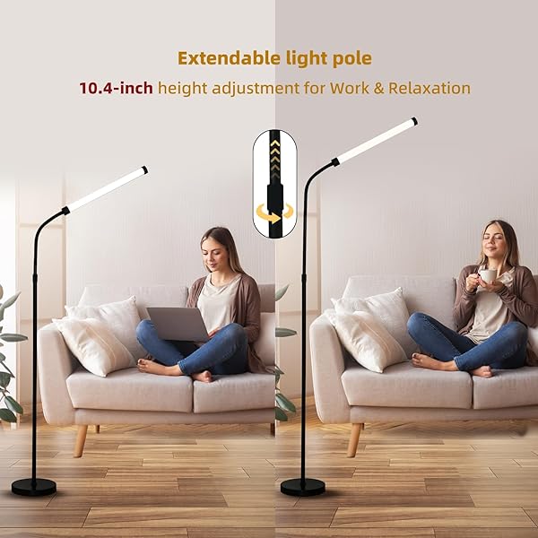 L SHY-U L FLOOR LAMP WITH ADJUSTABLE HEIGHT & FLEXIBLE ARM, REMOTE & FOOT SWITCH, SLIM DESIGN & EVEN LIGHTING FOR LIVING ROOM, BEDROOM, OFFICE – STEPLESS ADJUSTABLE COLOR AND BRIGHTNESS