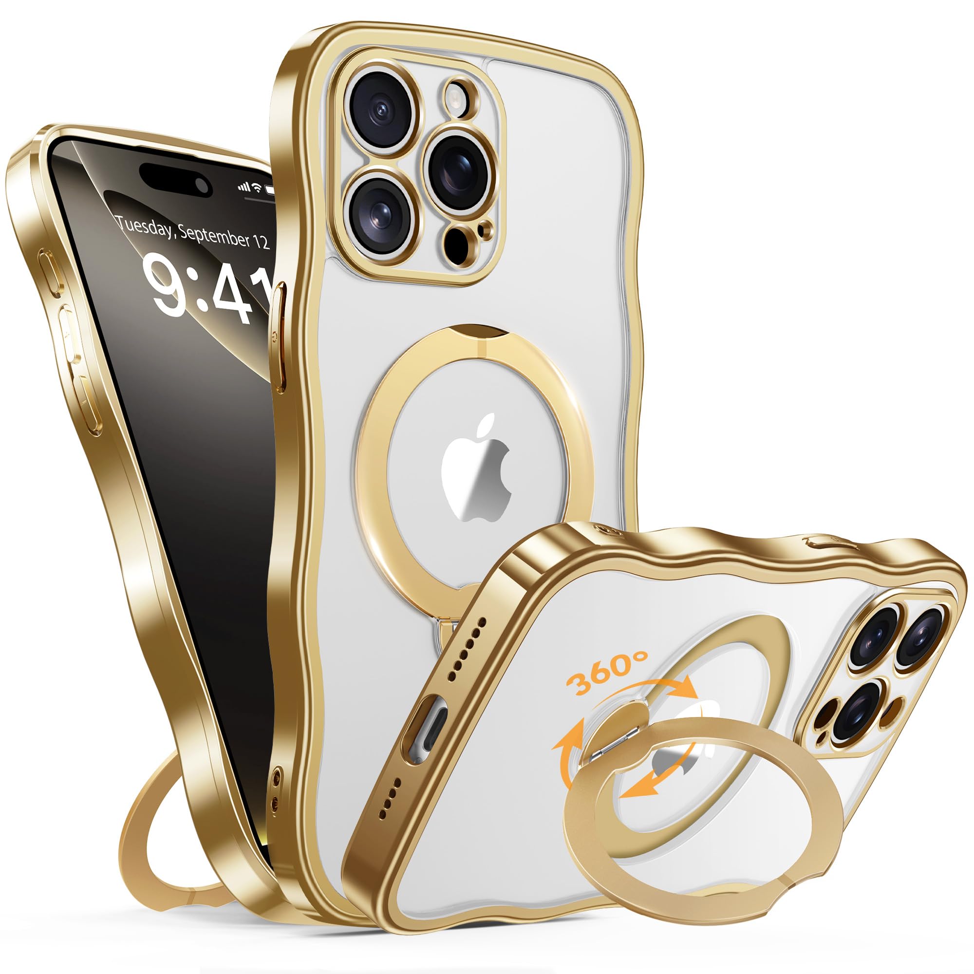 GolbinBox for iPhone 15 Pro Max Case with 360° Spin Magnetic Stand Ring [Compatible with MagSafe][Military Protection][Full Camera Protection] Cute Anti-Slip Wave Phone Case for 15 ProMax, Gold/Clear