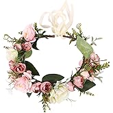 Vivivalue Rose Flower Crown Flower Garland Headband Hair Wreath Floral Headpiece Halo Boho with Ribbon Wedding Party Photos