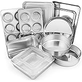 E-far 12-Piece Stainless Steel Bakeware Sets, Metal Baking Pan Set Include Round Cake Pans, Square/Rectangle Baking Pans with Lids, Cookie Sheet, Loaf/Muffin/Pizza Pan, Non-toxic &amp; Dishwasher Safe