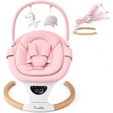 TimChic Baby Swing with Auto-Rocking, 5 Motions &amp; 12 Melodies，Pink | Auto-rocking, 5 speeds, 3 heights, 3 timers &amp; 12 melodies. 5-pt harness, remote, toy bar + 2 toys. Indoor/outdoor.