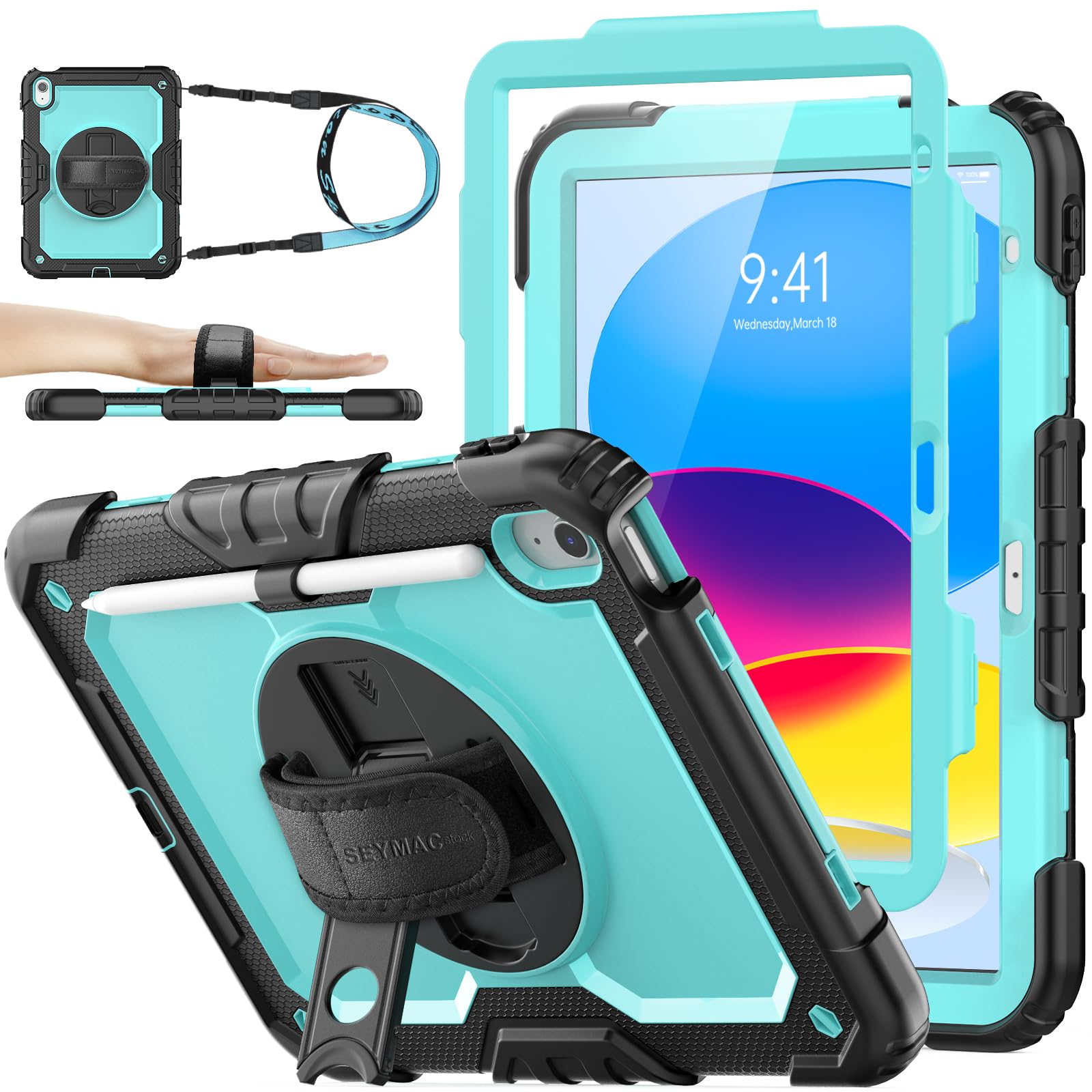 SEYMAC stock Case for iPad A16 11th/10th Generation (11/10.9 Inch) 2025/2022, Heavy Duty Shockproof with Screen Protector, 360° Rotating Stand/Hand Strap, Pencil Holder & Shoulder Strap, Skyblue