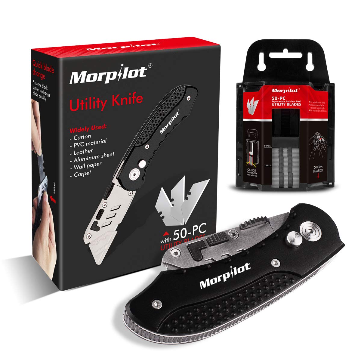 Utility knife - Morpilot Safety Lock-Back Design, and Lightweight Aluminum Body, Includes 50 replaceable stainless steel blades