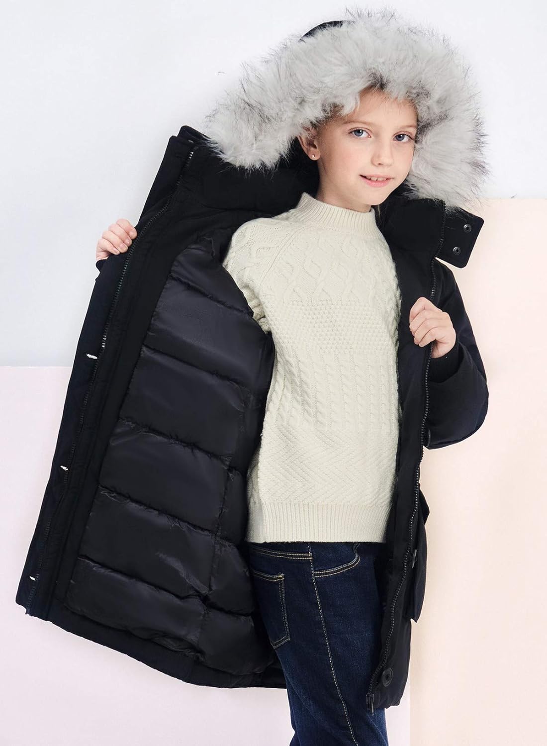 SOLOCOTE Girls Winter Coats Heavyweight Medium Length Warm Jacket with Removable Fur Collar Hooded 3-14Y: Clothing