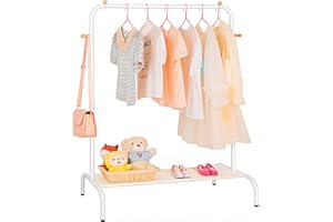 GWJI5DO Kids Clothing Rack - Garment Rack with Bottom Storage Shelf, Clothes Rack for Children, Small Baby, & Toddler, Clothes Organizer for Hanging Clothes, Shirts, Dresser, Hat, Backpack, Bedroom, White