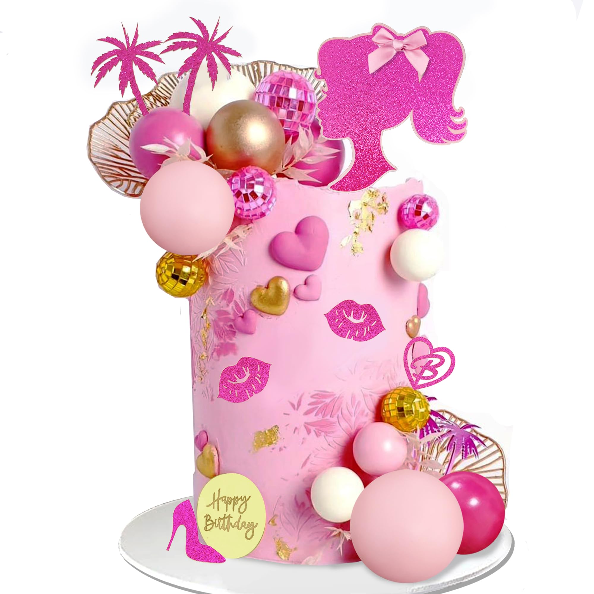 Photo 1 of DRWATE Hot Pink Girl Cake Topper with Pink and Gold Balls Coconut Trees for Girls Women Makeup Birthday Party Supplies (Summer)