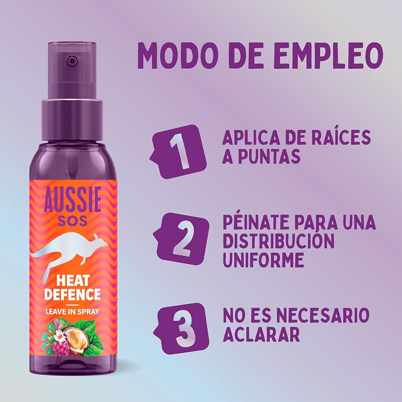 Spray SOS Heat Defence Leave In de 100ml desembaraça e protege do calor, mantendo o cabelo hidratado durante 100 horas. Enriquecido com superalimentos australianos. Fórmula Vegan