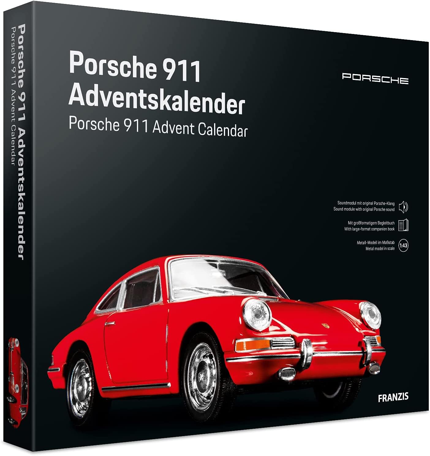 FRANZIS Porsche 911 55199 Advent Calendar Red Metal Model Kit 1:43 Scale Includes Sound Module and 52 Page Accompaniment Book