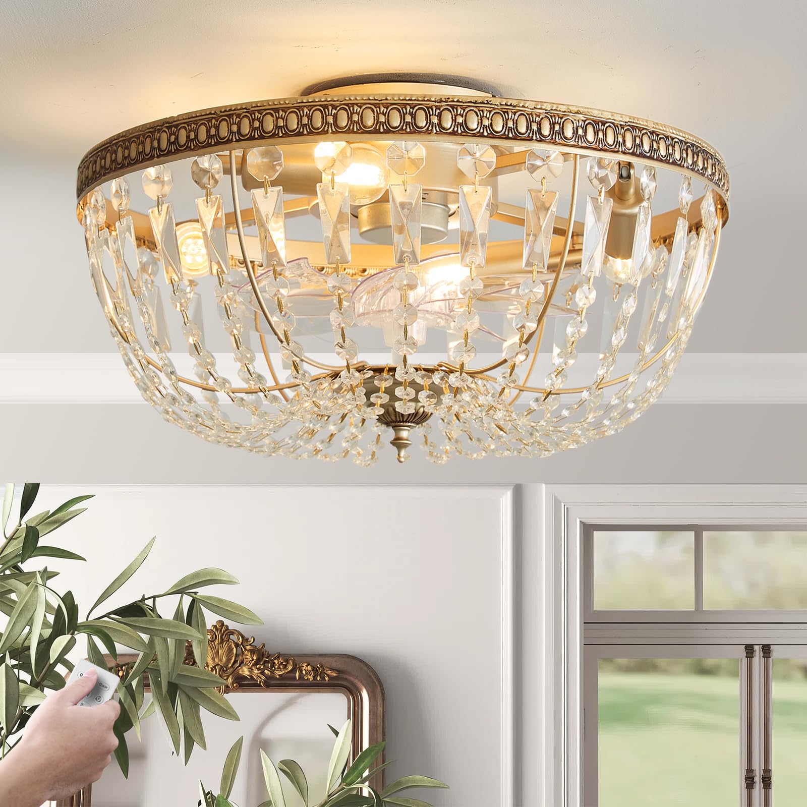 Photo 1 of shitougu Crystal Caged Ceiling Fan with Light Flush Mount, 20inch Crystal Ceiling Fan with Light and Remote, Gold Crystal Fandelier Ceilings Fans with Lights for Bedroom, Dining Room, Living Room